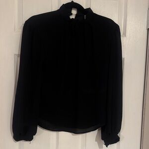 Black Ruffled Long Sleeve Blouse with Mandarin Collar